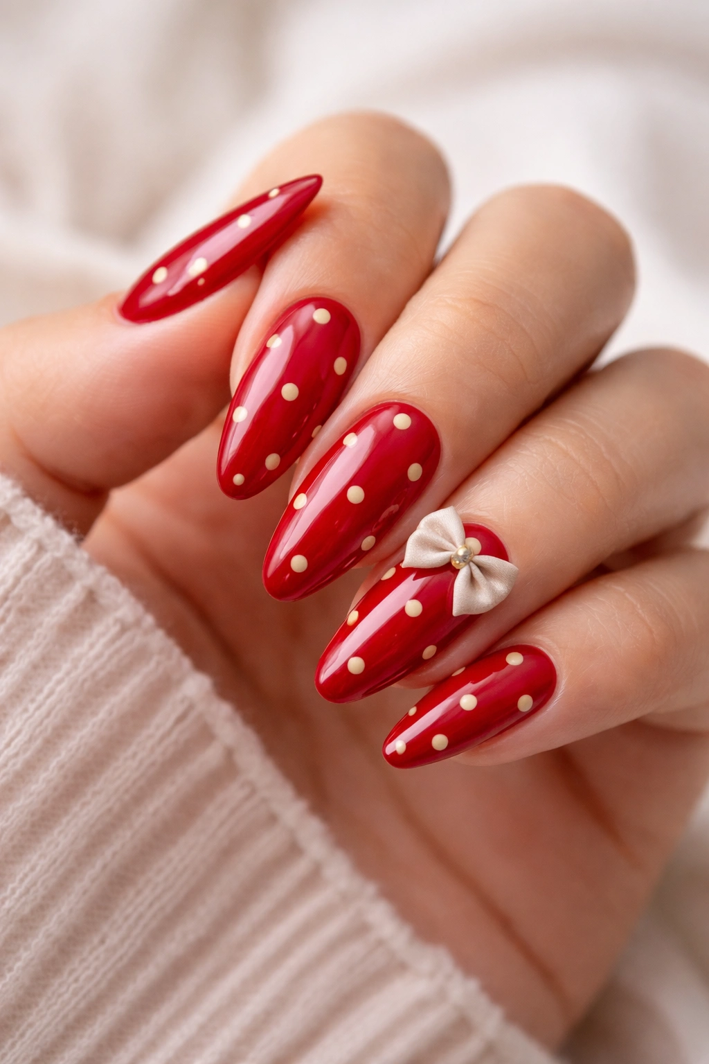 Cherry red almond nails with cream dots and small bows on select nails