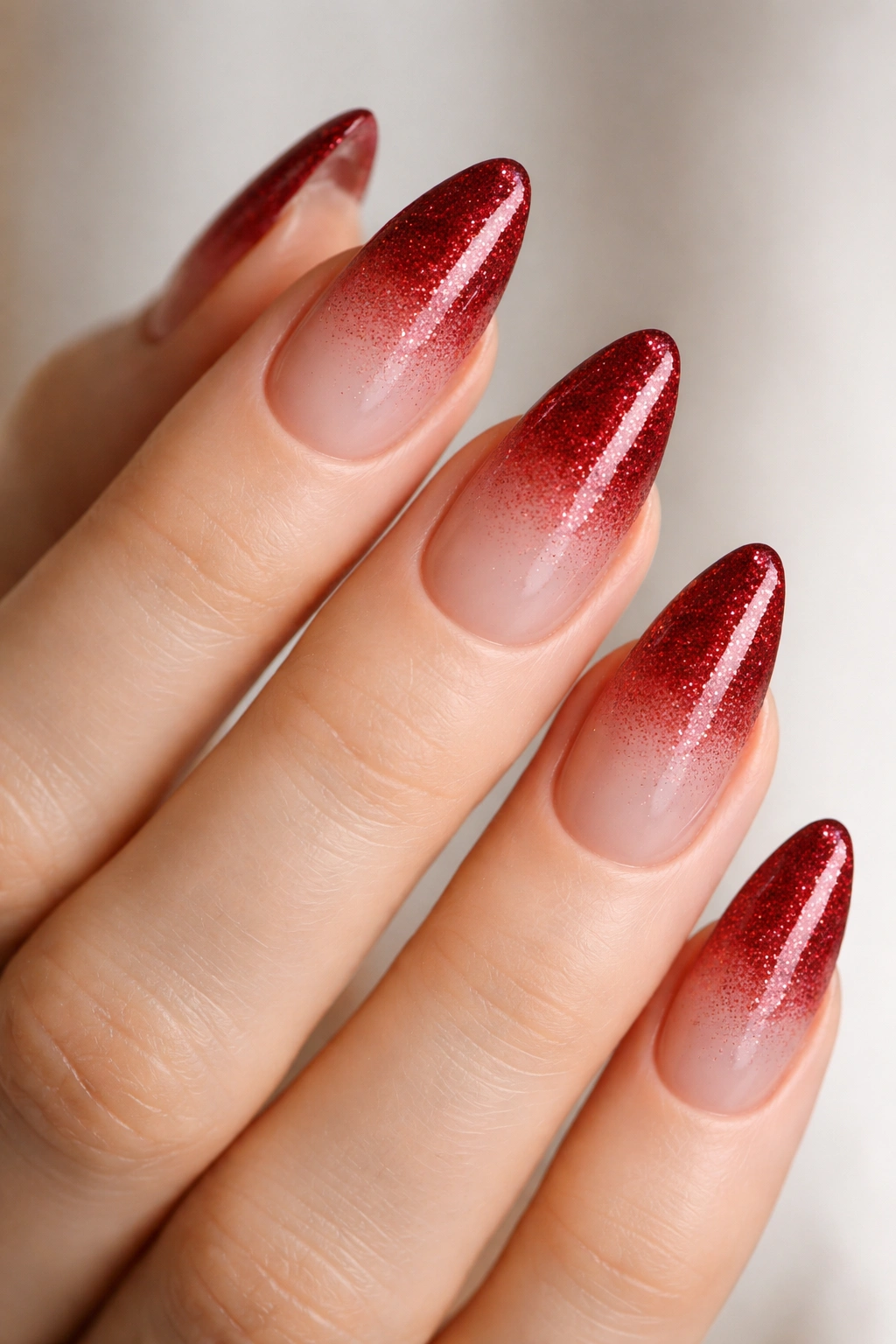 Close-up of red glitter ombre almond nails with soft gradient