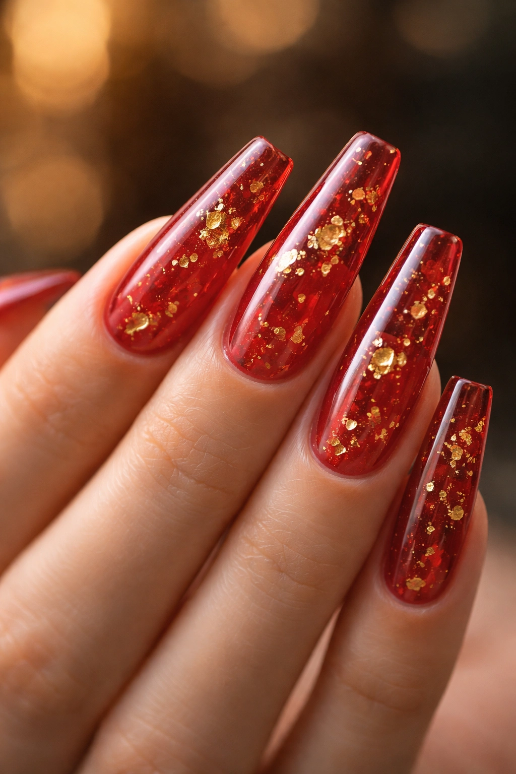 Red jelly coffin nails with suspended gold flakes, photorealistic