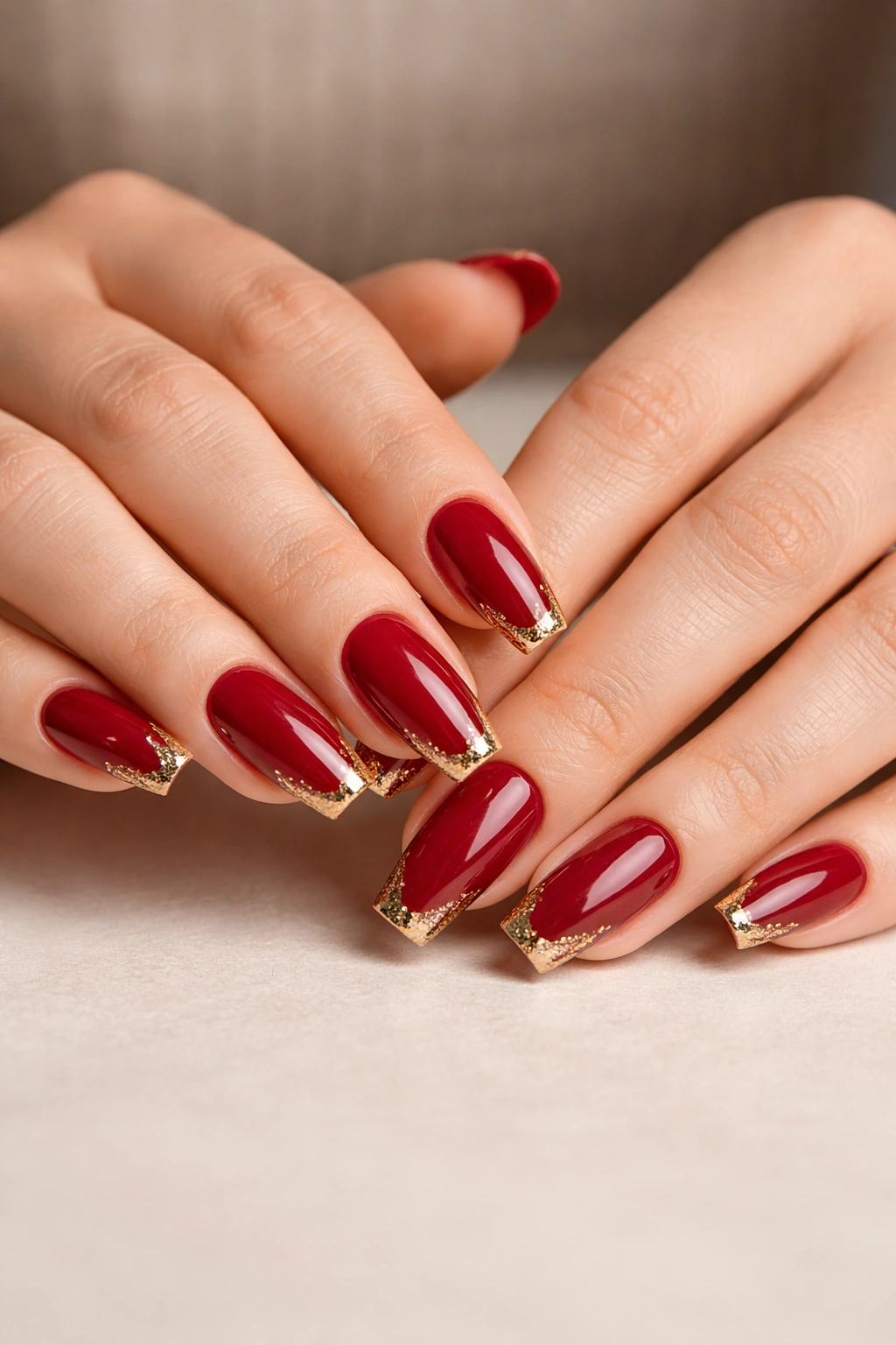 Close-up of hands with medium coffin nails in deep red and gold foil tips