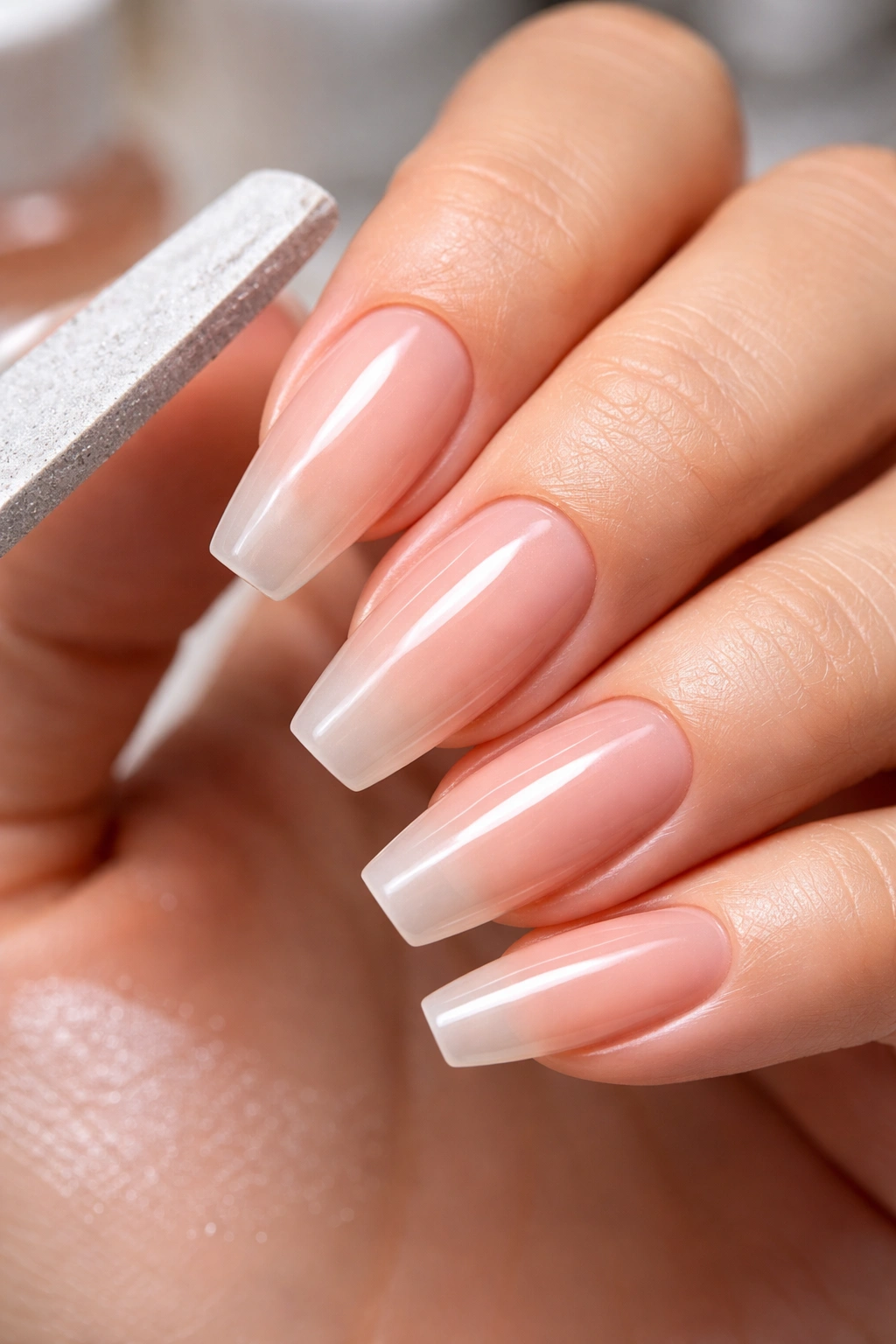 Prepped coffin nails with smooth edges and base coat