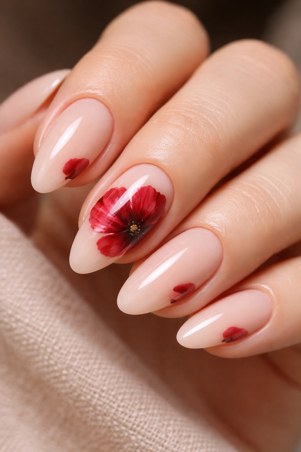 Ring finger with deep red poppy petals on sheer nude base