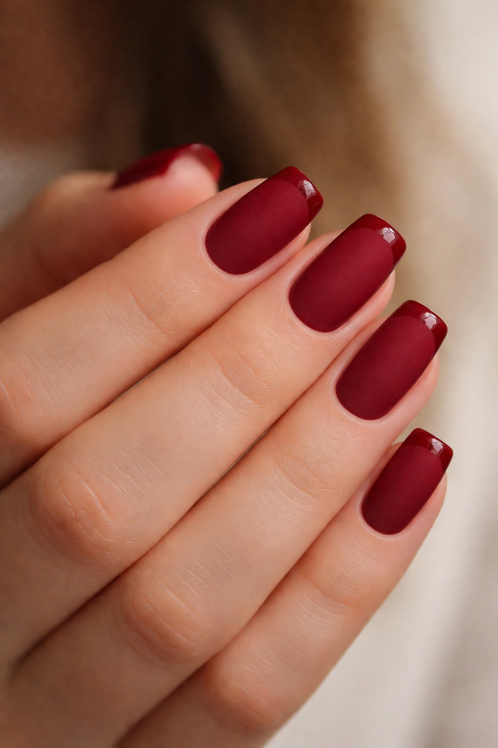 Close-up of short coffin nails with red velvet matte and a glossy tip