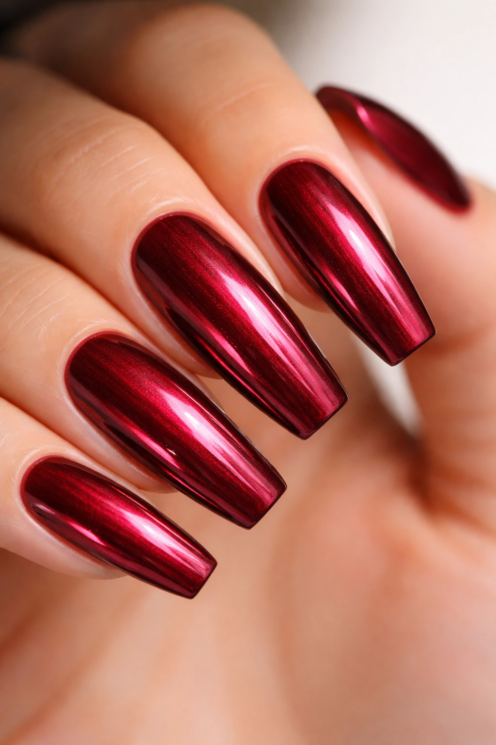Metallic red wine coffin nails with brushed gleam