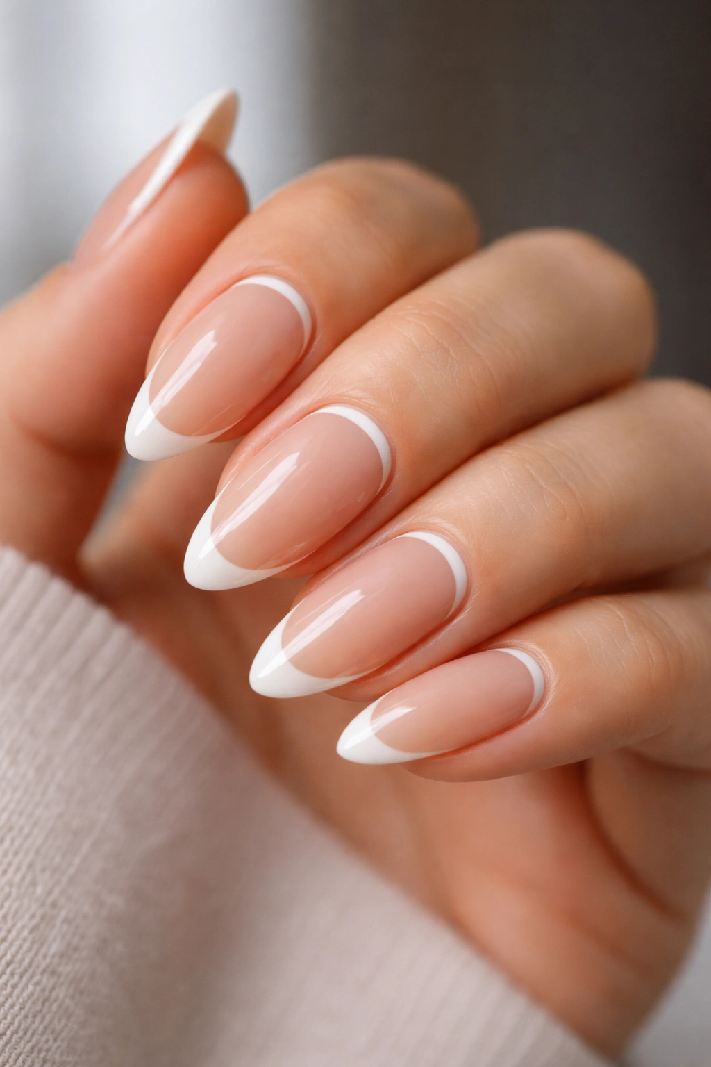 Almond nails with reverse French crescent at cuticle on nude base