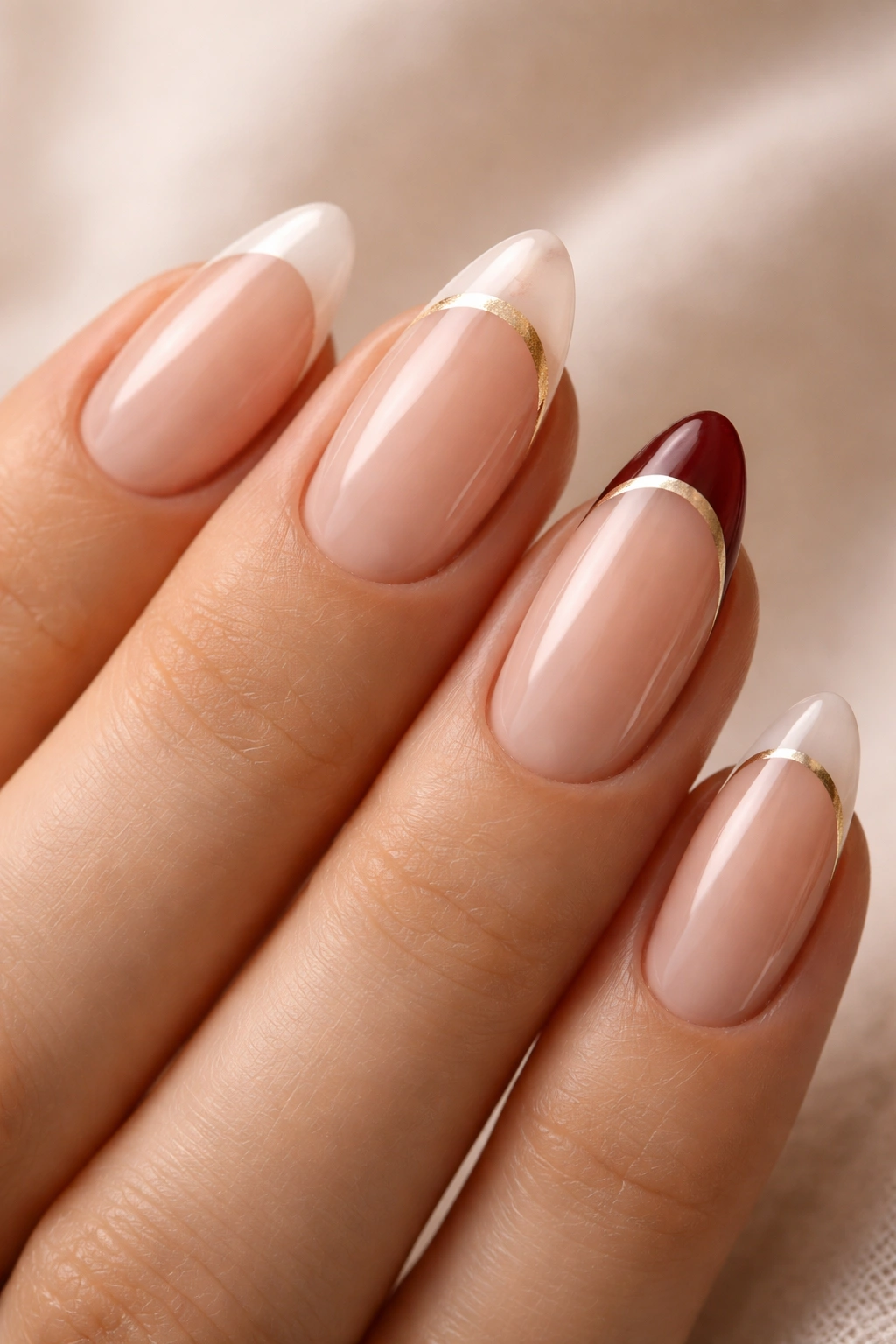 Almond nails with a slim white/gold burgundy crescent near the cuticle