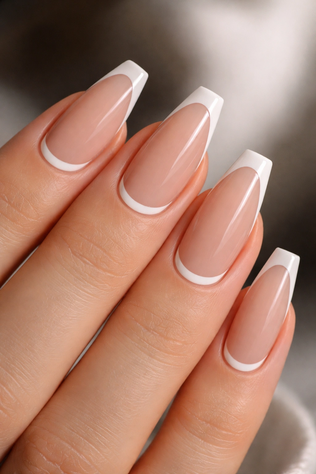 Coffin nails with reverse French cuticle arcs and slim white ends