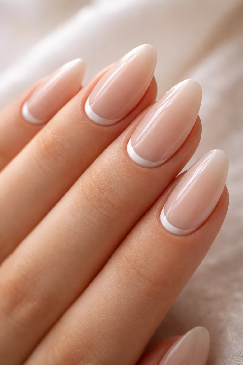 Almond nails with a slim reverse French crescent at the cuticle
