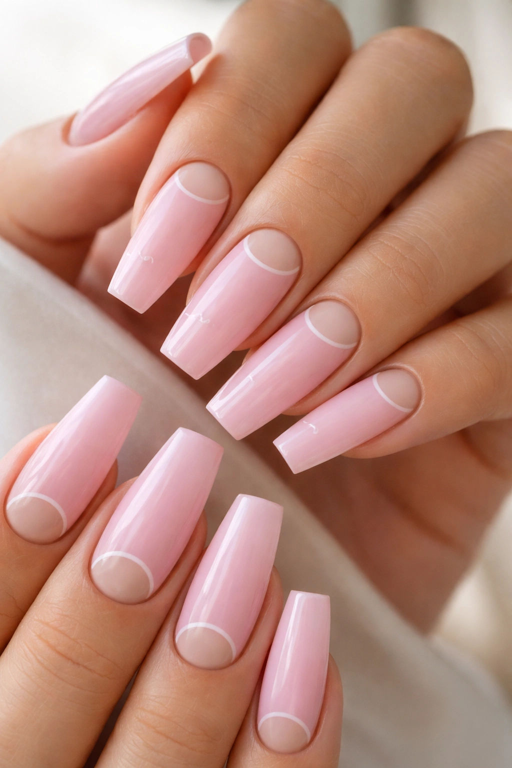 Close-up of coffin nails with nude half-moon reverse French on baby pink
