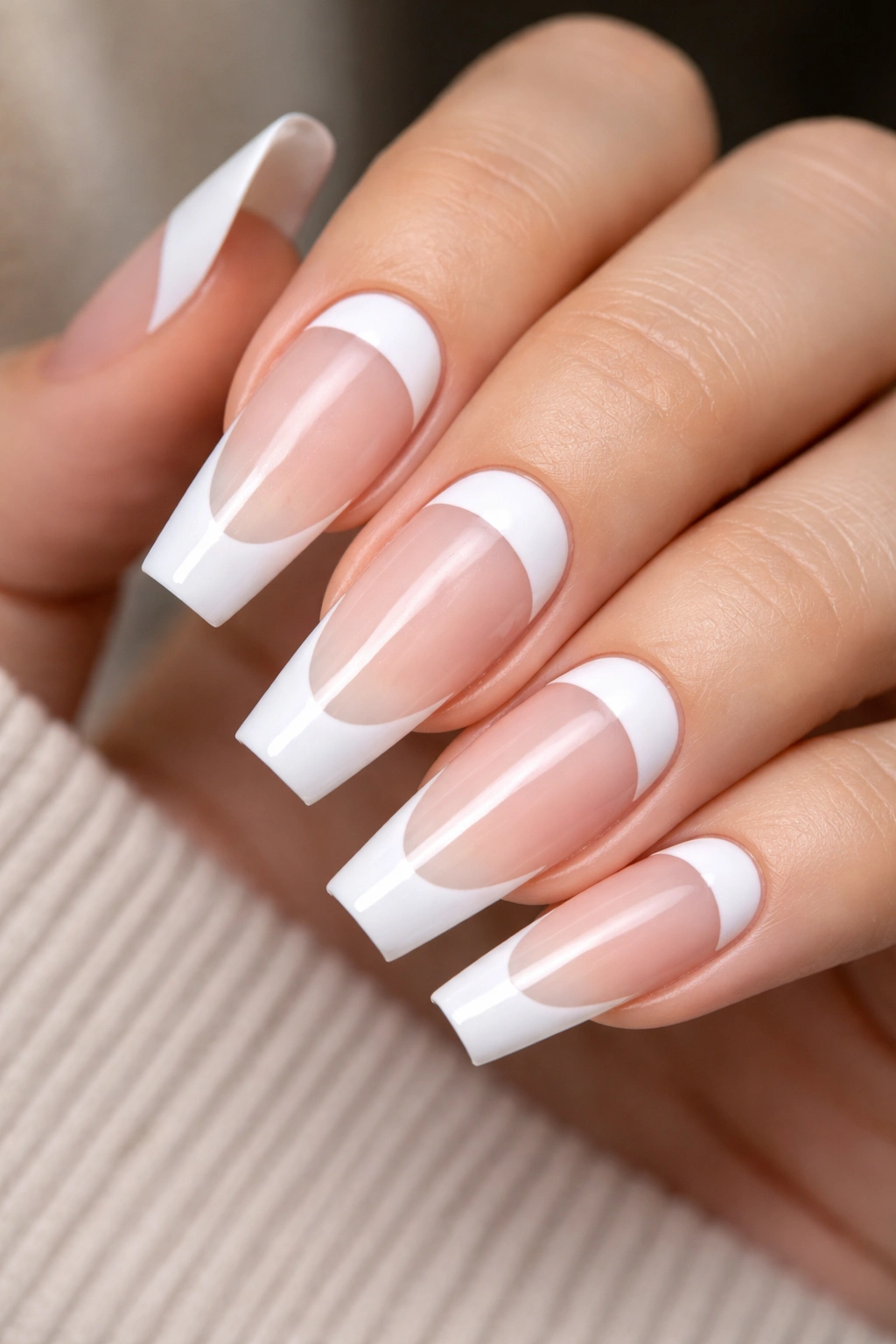Close-up of coffin nails with white reverse moon at cuticle