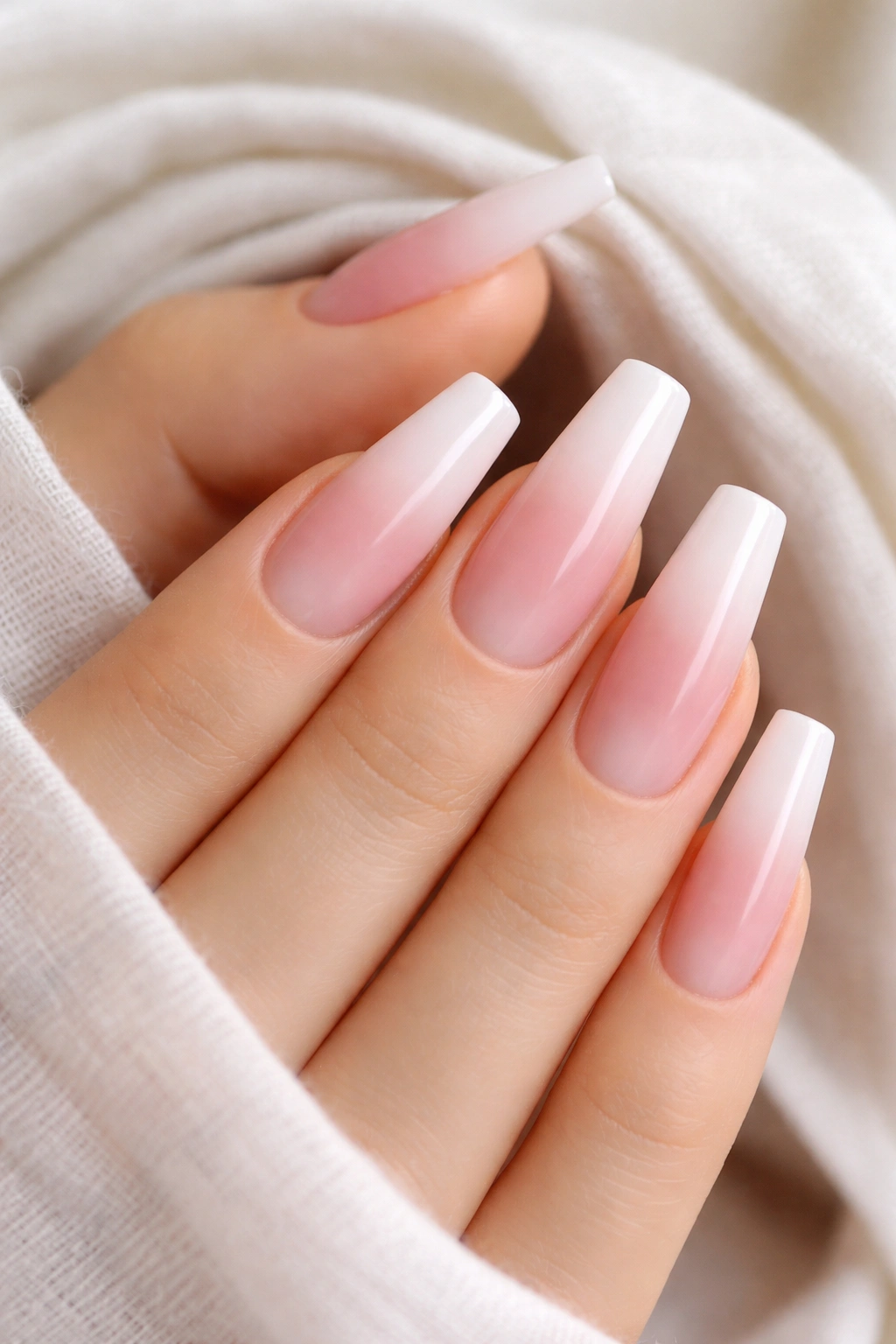 Close-up of long coffin nails with milky white near the cuticle fading to pink at the tips