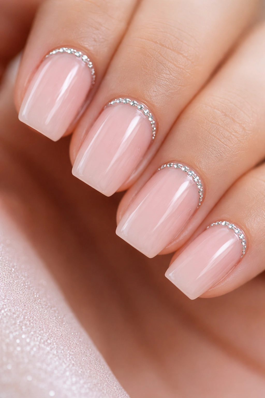 Close-up of short coffin nails with a tiny rhinestone crescent at the cuticle