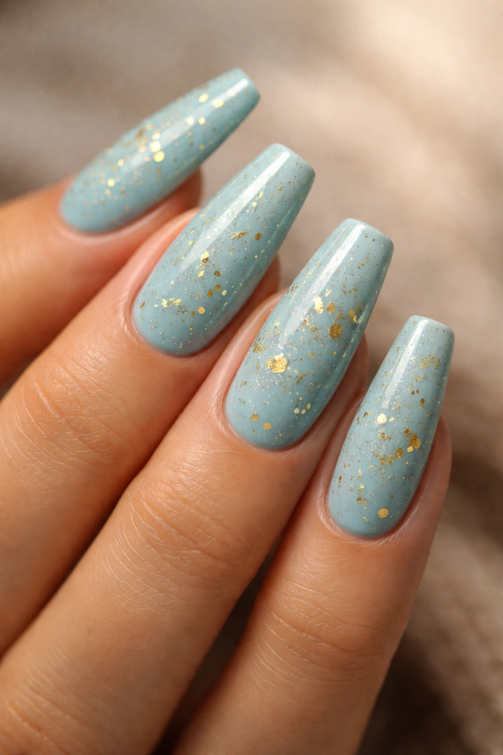 Coffin nails in robin's egg blue with tiny gold foil flecks