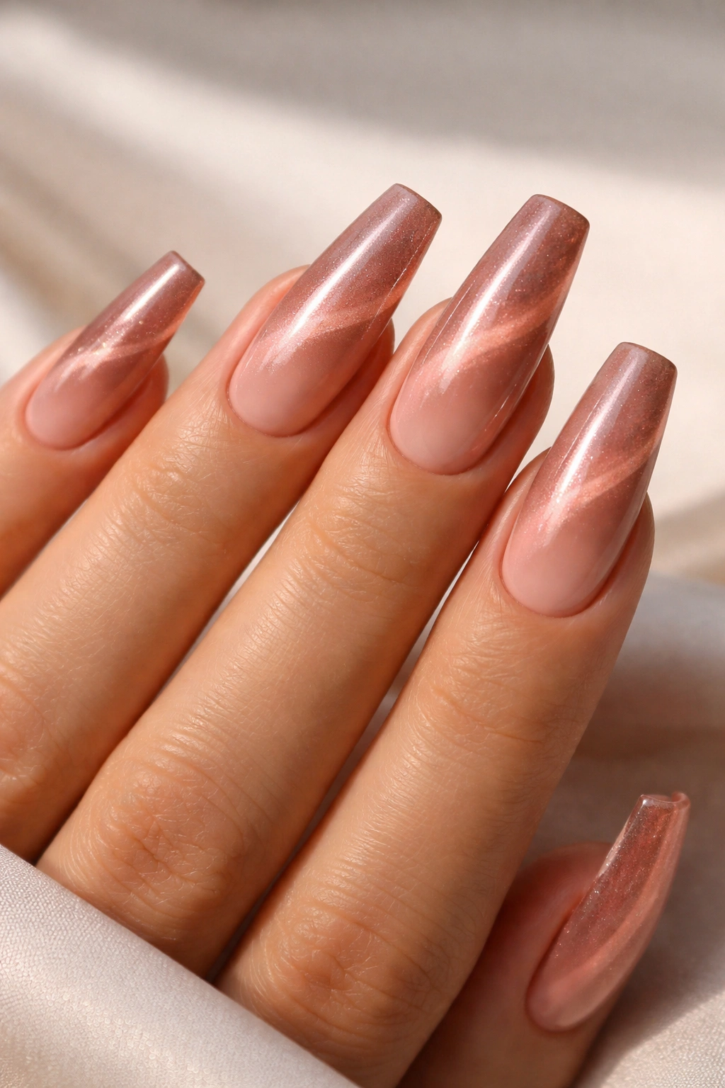 Close-up of rose bronze cat eye nails on a nude base.