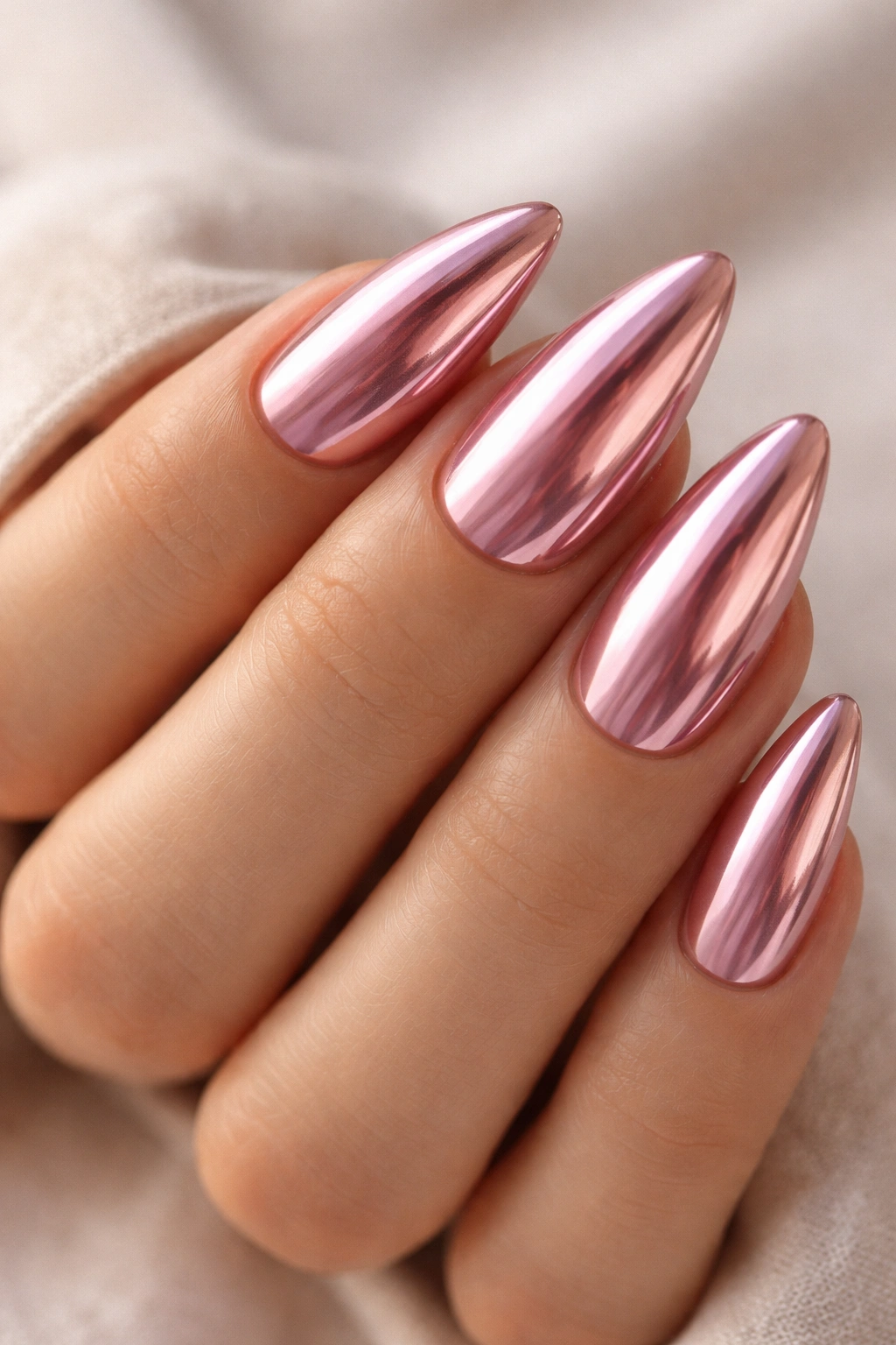 Almond nails with rose chrome mirror finish reflecting light