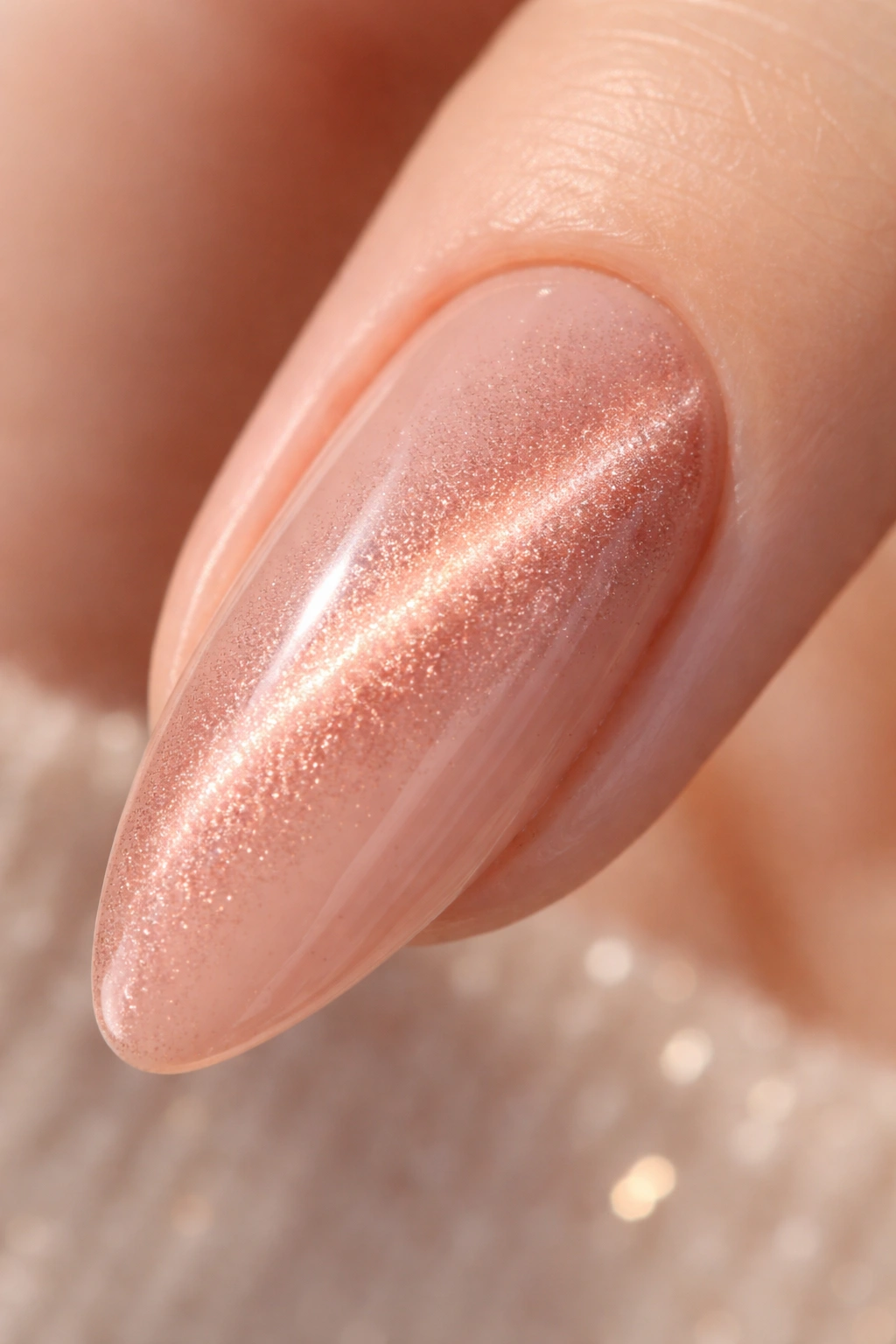 Close-up of almond nail with rose gold cat eye shimmer on a nude-pink base