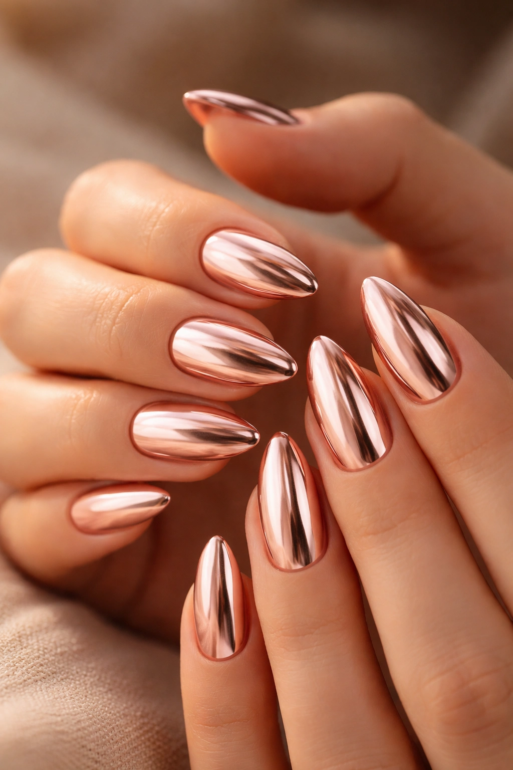 Close-up of rose gold chrome almond nails on a pale base