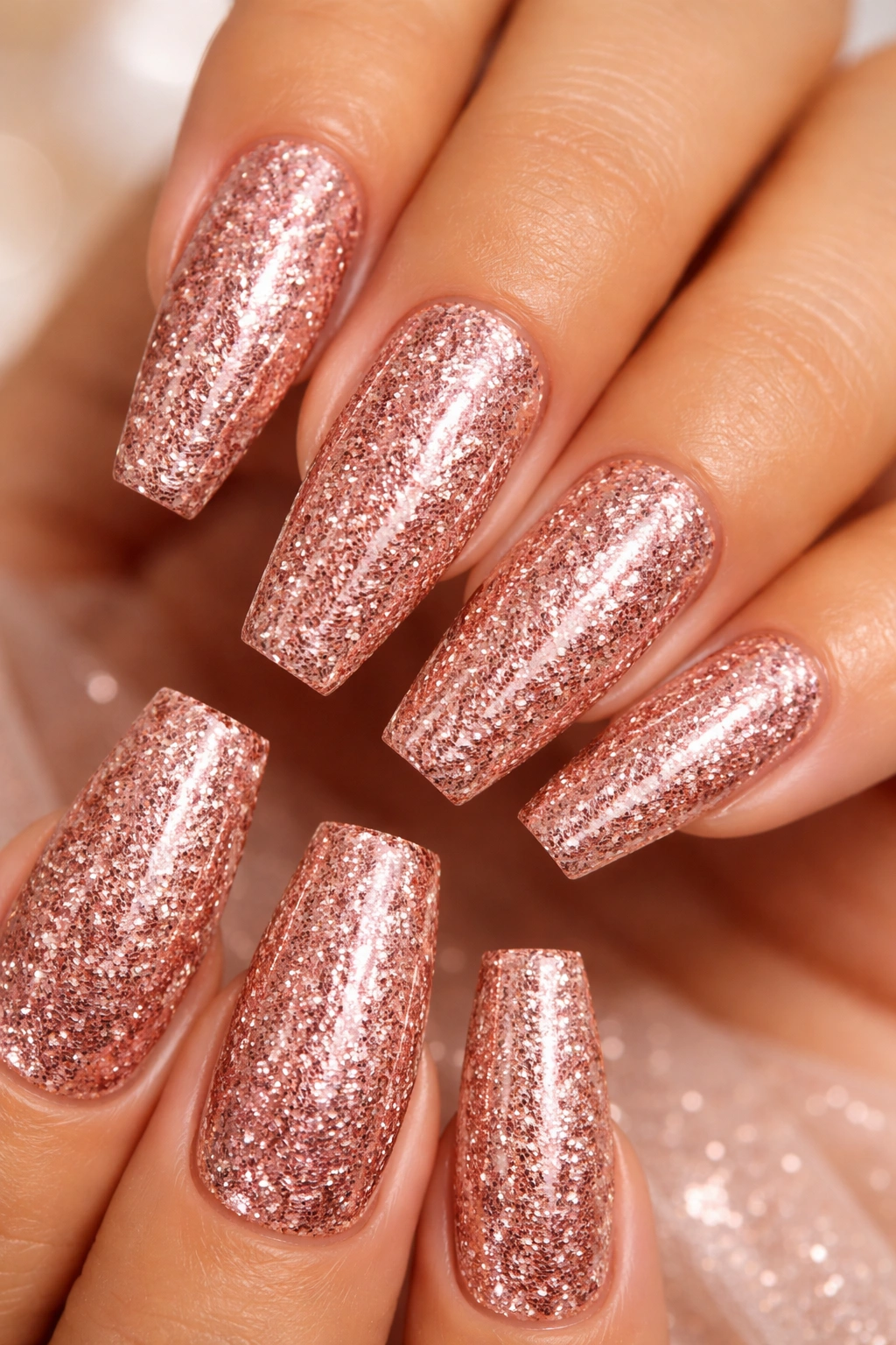 Coffin nails fully coated in rose-gold glitter with glassy top coat