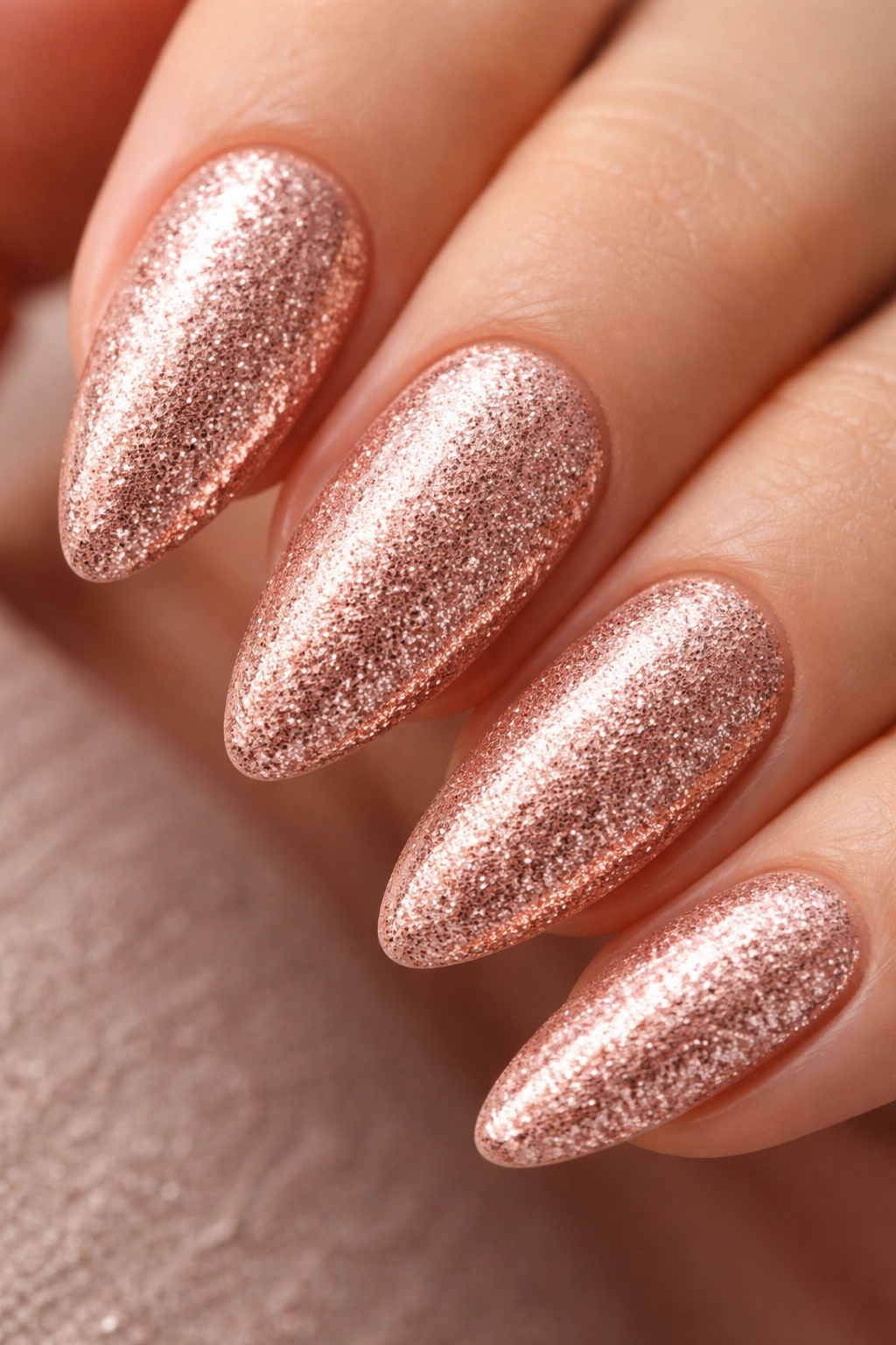 Almond nail with full-coverage rose gold glitter on a light base