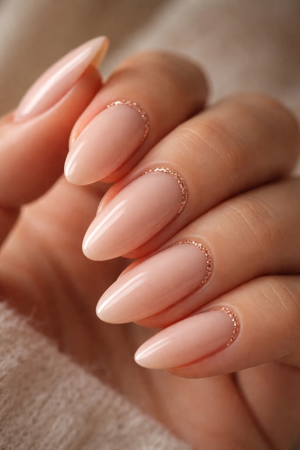 Nude almond nails with a thin rose-gold glitter line near the cuticle