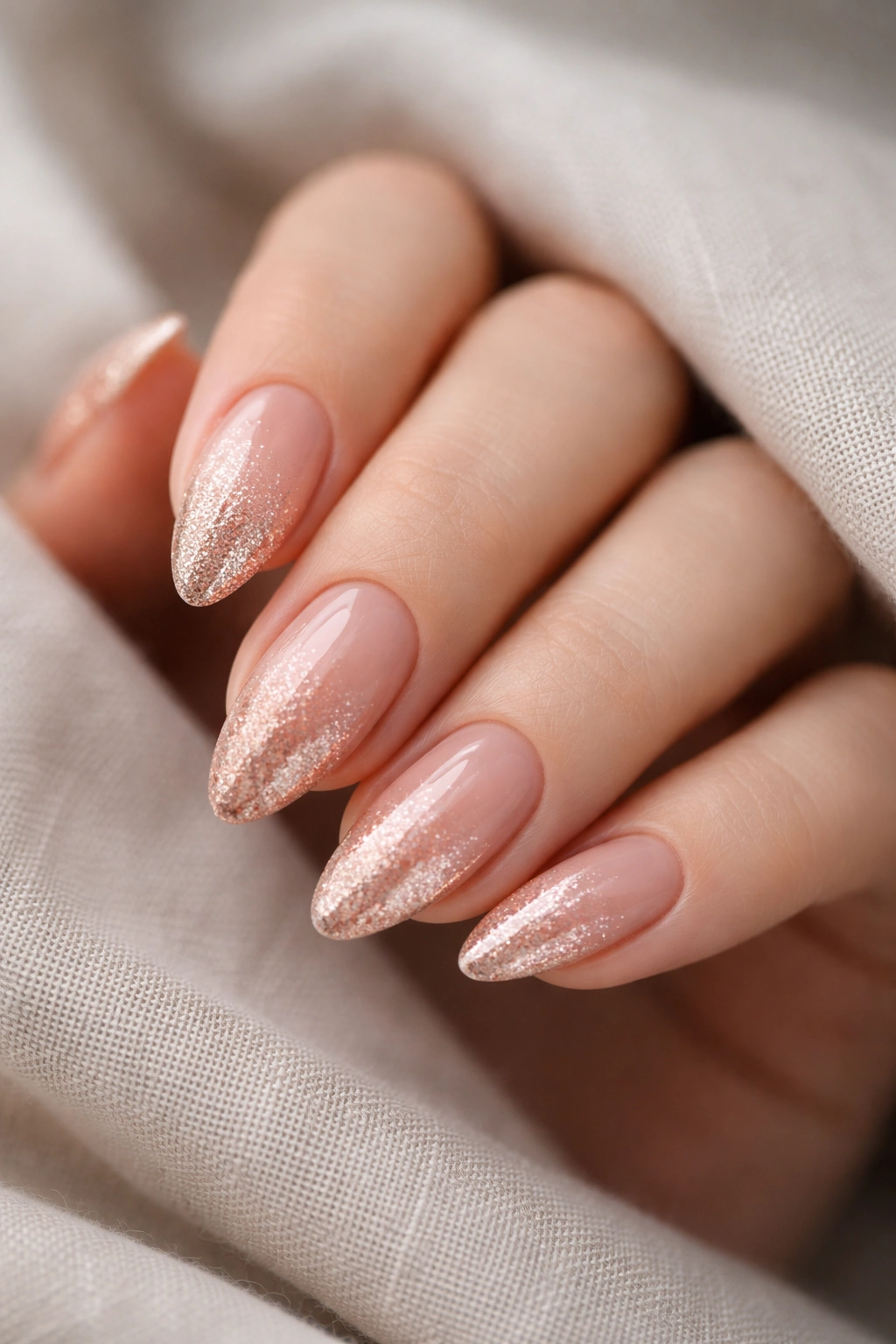 Close-up of rose gold glitter fade on almond nails with soft glow