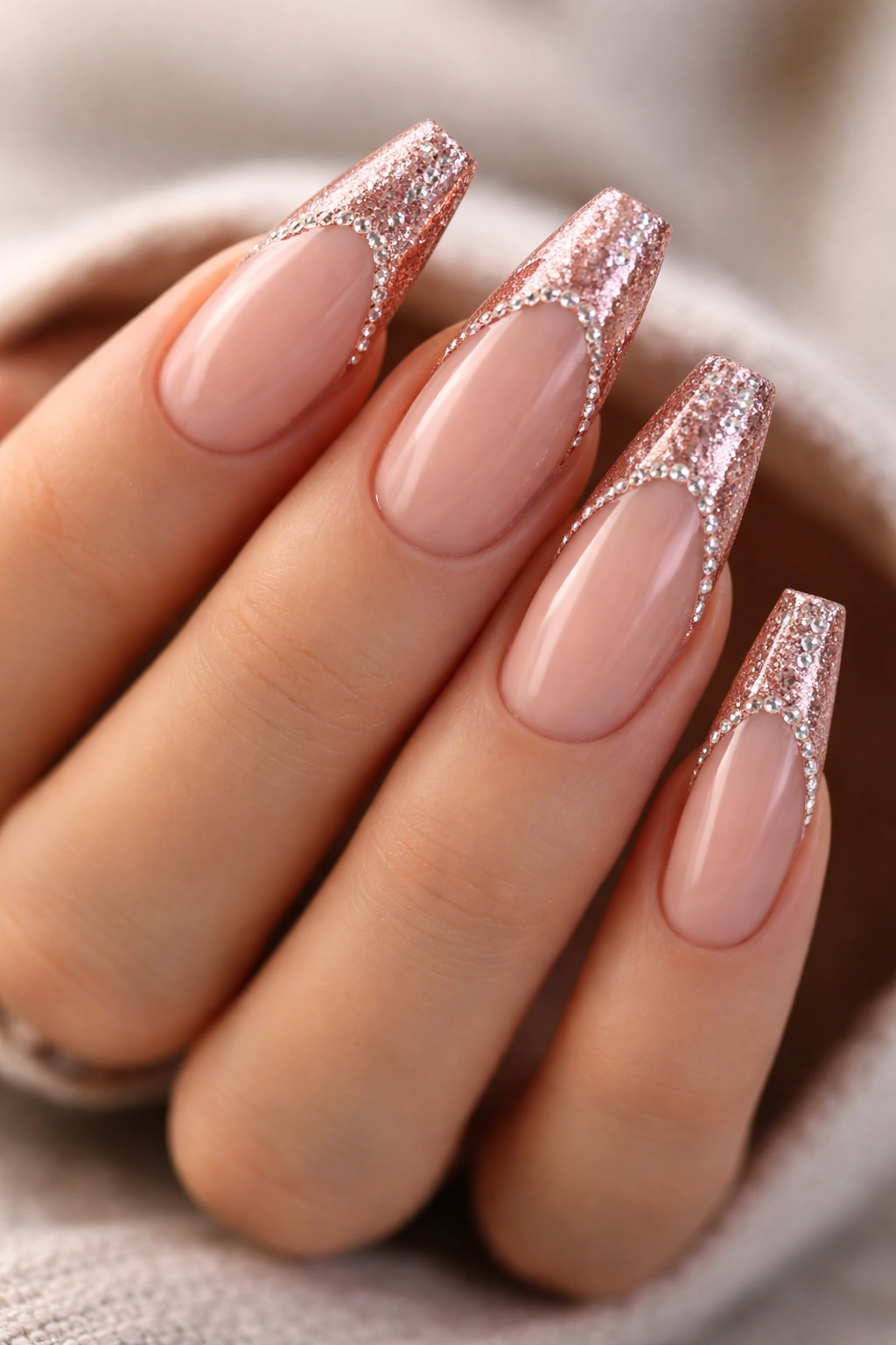 Rose gold coffin nails with crystal French tip and fine crystal line on a hand close-up