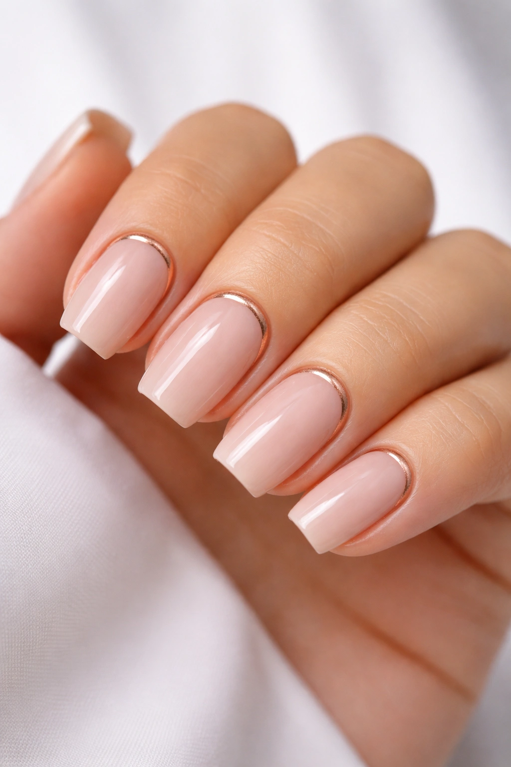 Close-up of short coffin nails with a blush base and a slim rosé-gold cuticle sweep