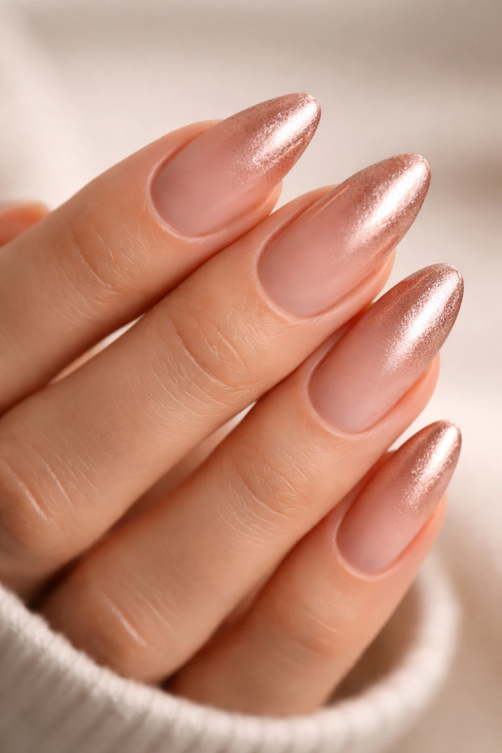 Rose gold to nude gradient on almond nails