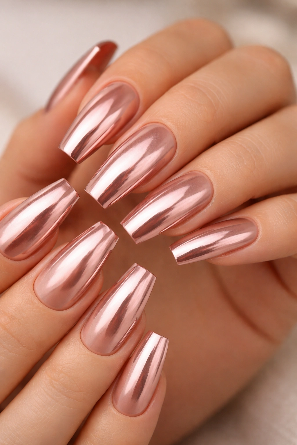 Rose gold nude chrome coffin nails on nude base with warm glow