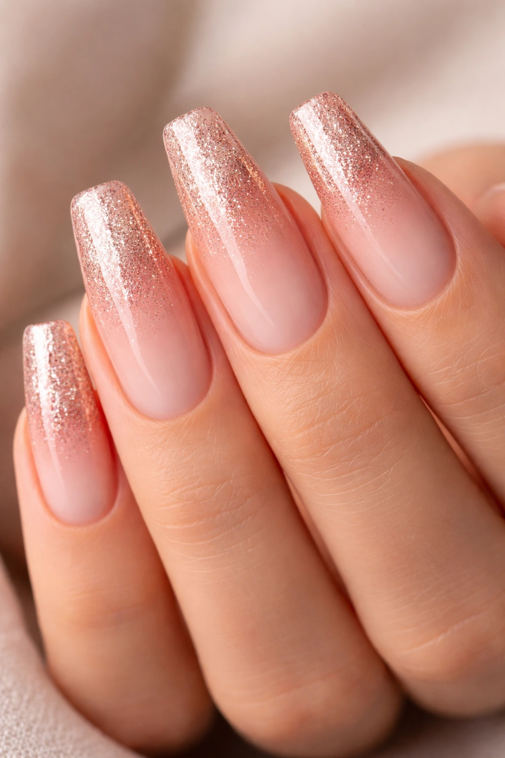 Macro shot of rose gold ombre on ballerina nails from cuticle to tip