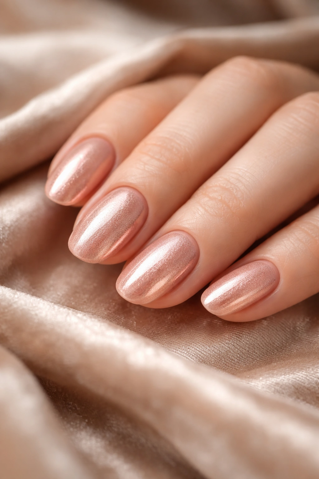 Close-up of short oval nails with rose gold sheen over nude base