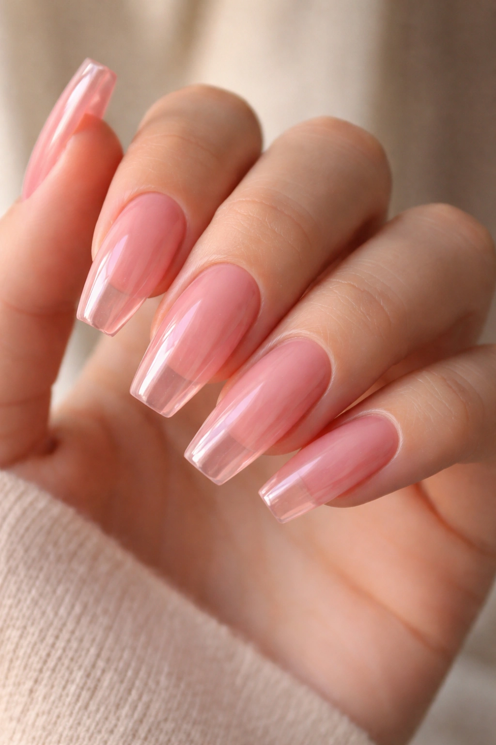 Medium coffin nails with translucent rose jelly finish letting light pass through