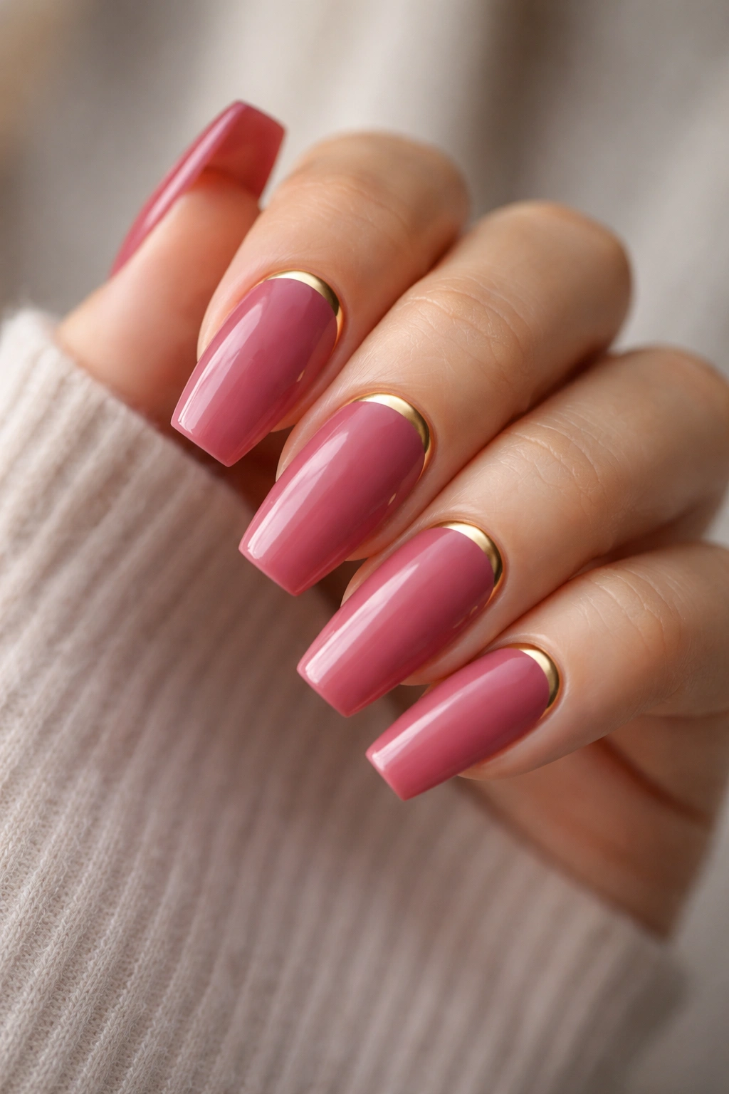 Deep rose pink coffin nails with gold half-moon at the cuticle