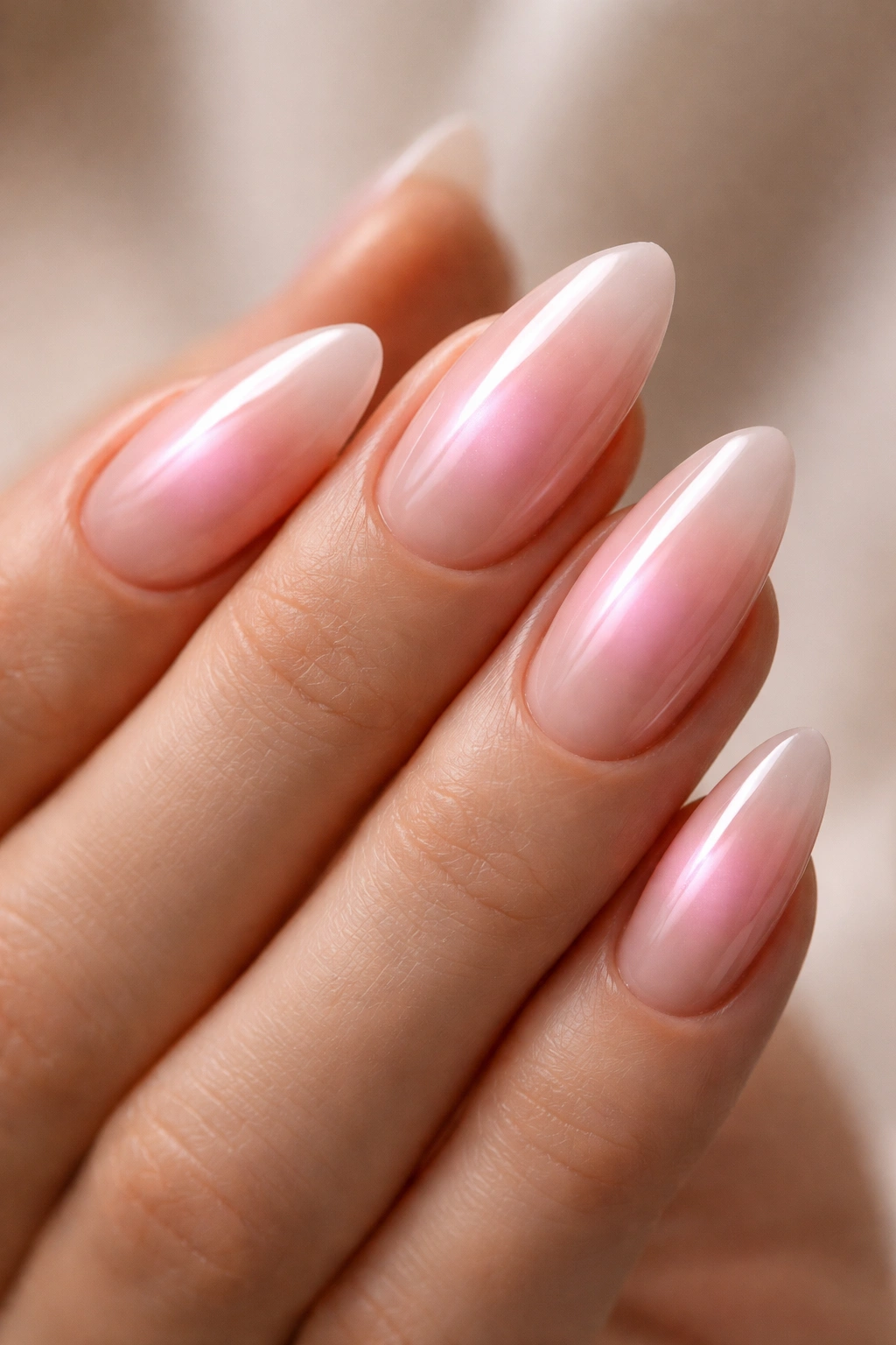 Close-up of almond nails with rose quartz aura featuring a soft pink center on a sheer nude base with a glossy finish