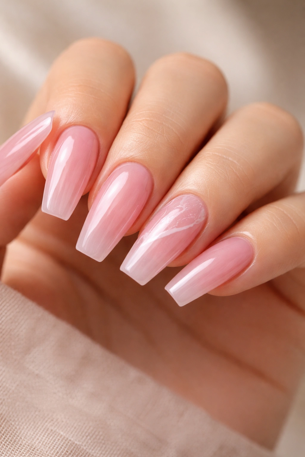 Close-up of rose quartz jelly pink coffin nails with translucent finish