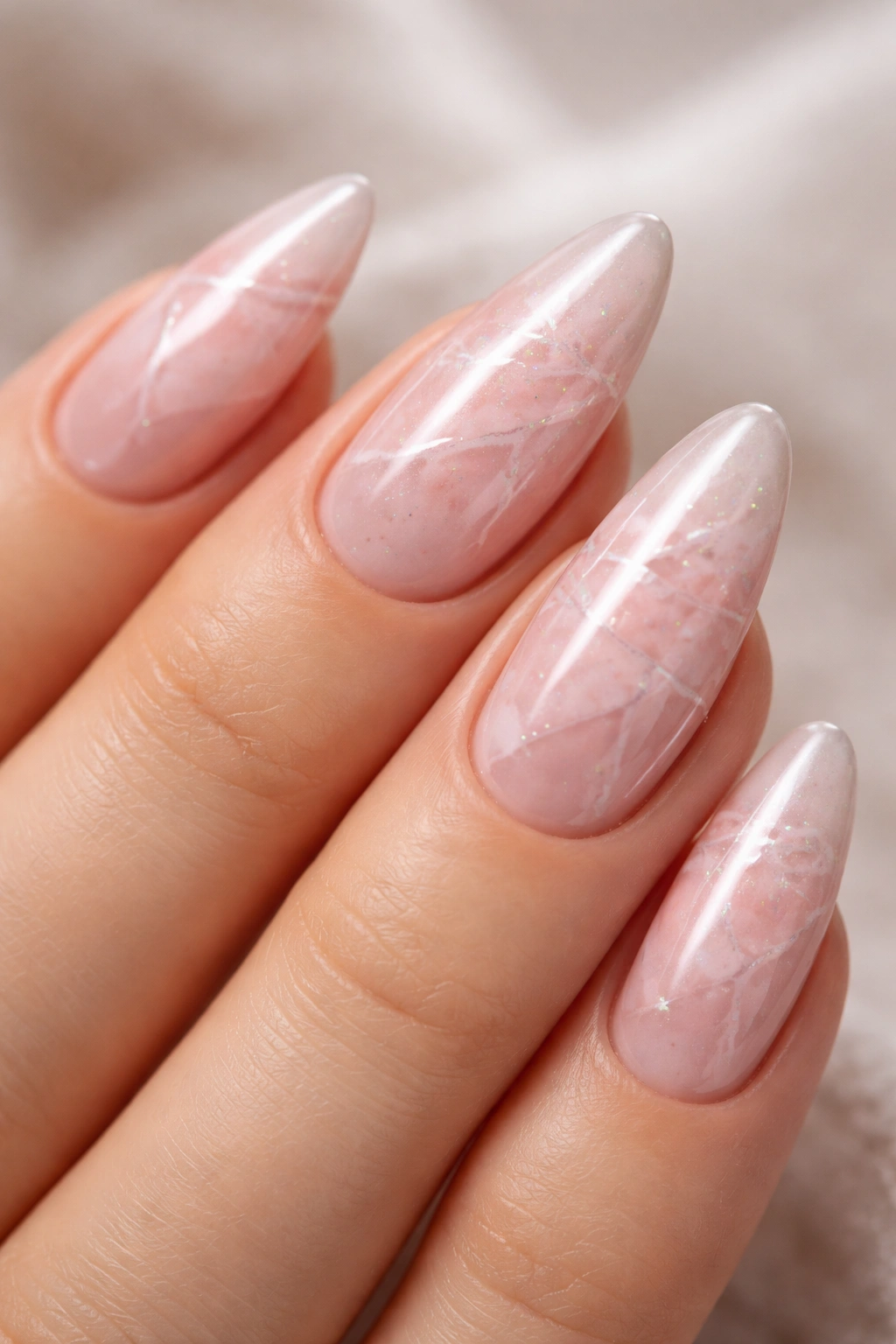 Almond nails with rose quartz marble and a thin chrome veil.