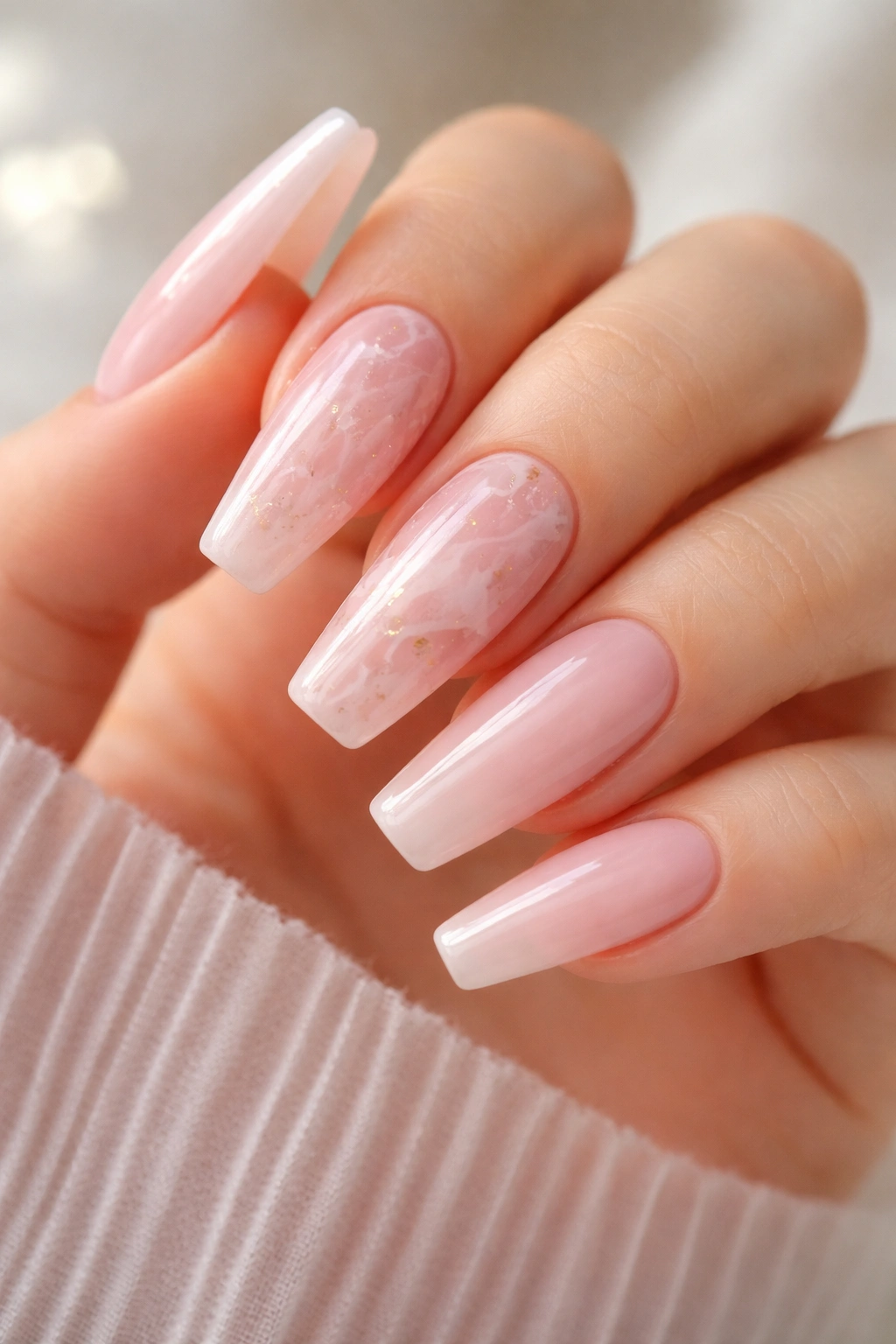 Rose quartz marble coffin nails with soft pink base and white veining