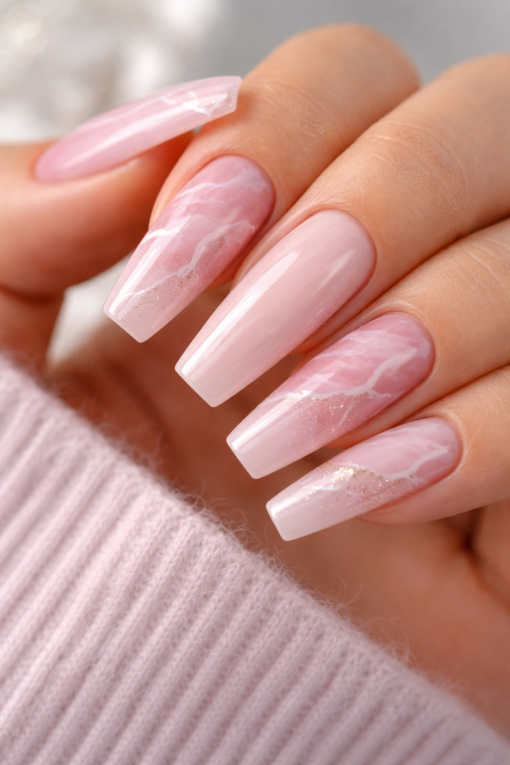 Close-up of rose quartz marble coffin nails with pink base and white veins, glossy finish
