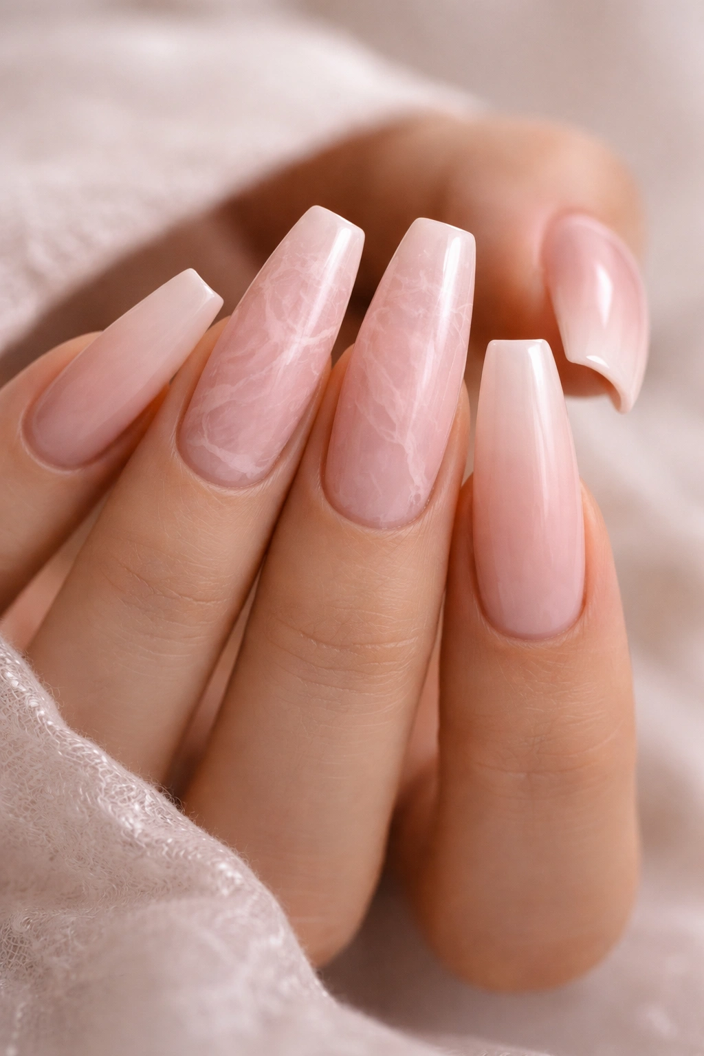 Close-up of rose quartz marble coffin nails with milky pink base and delicate white veins.