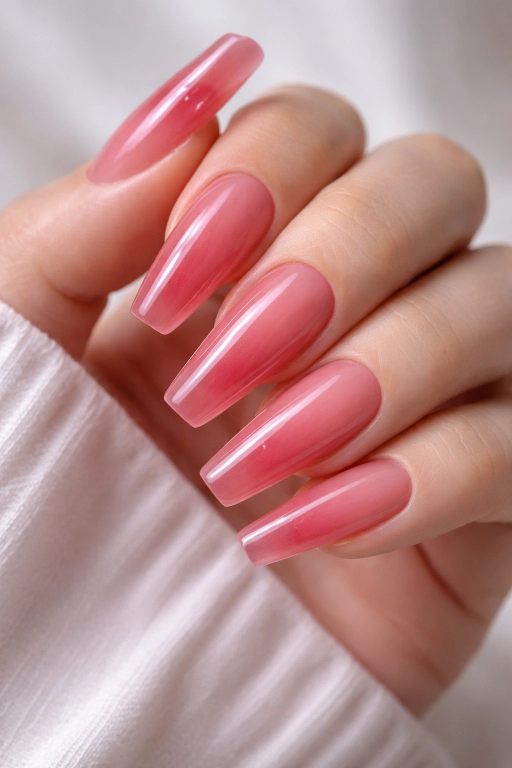 Close-up of milky rose-red coffin nails with sheer pinkish-red tint