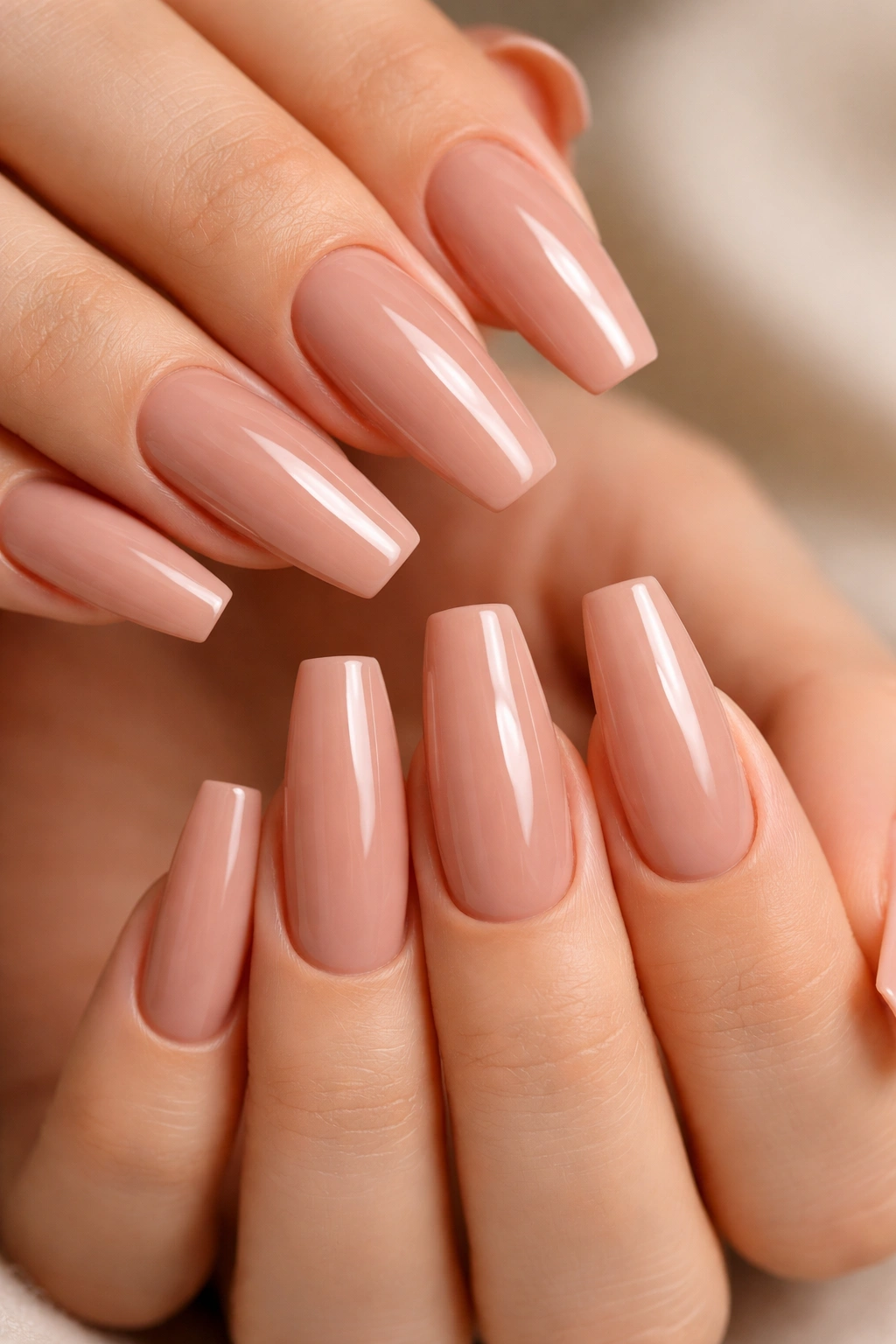 Rosy beige gloss coffin nails with high-shine finish on a hand.