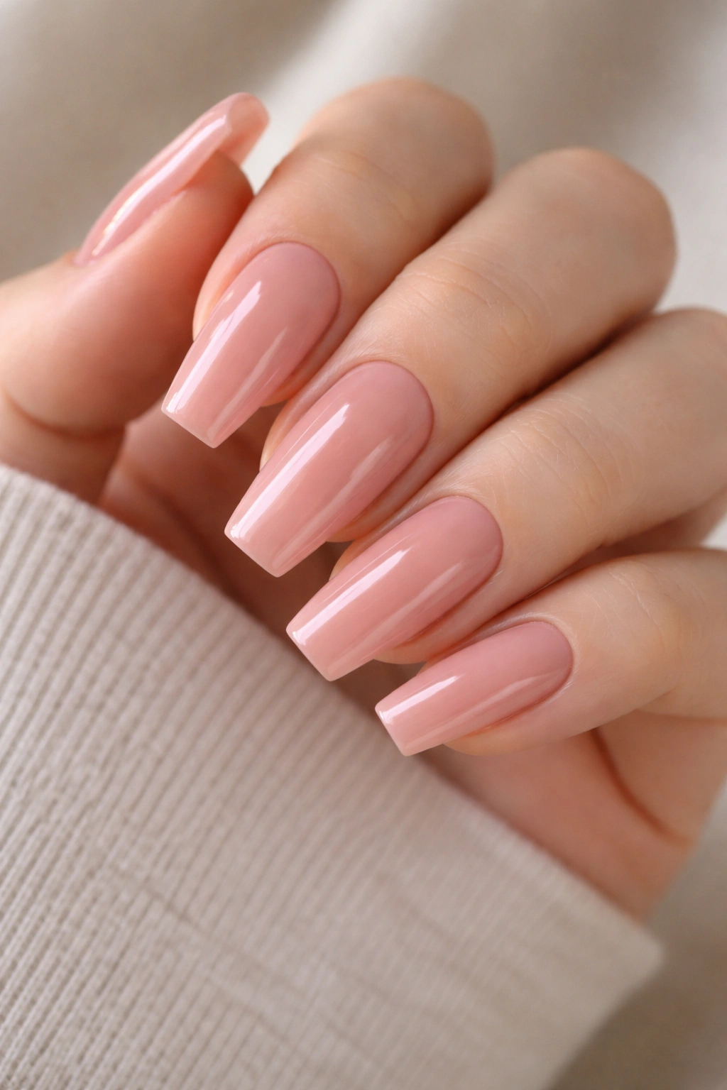 Rosy beige coffin nails with a glossy glass topcoat.