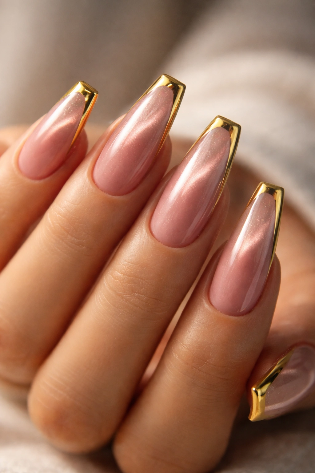 Coffin nails with rosy cat-eye effect and gold frame tips