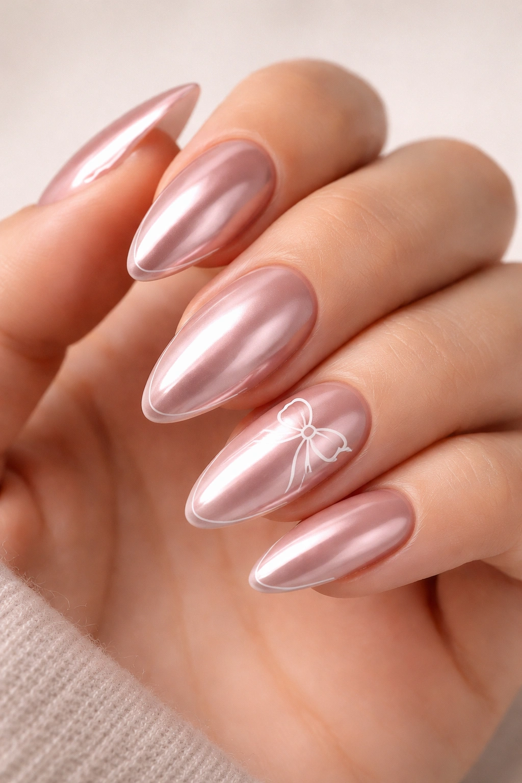 Rosy chrome almond nails with a delicate white outline bow
