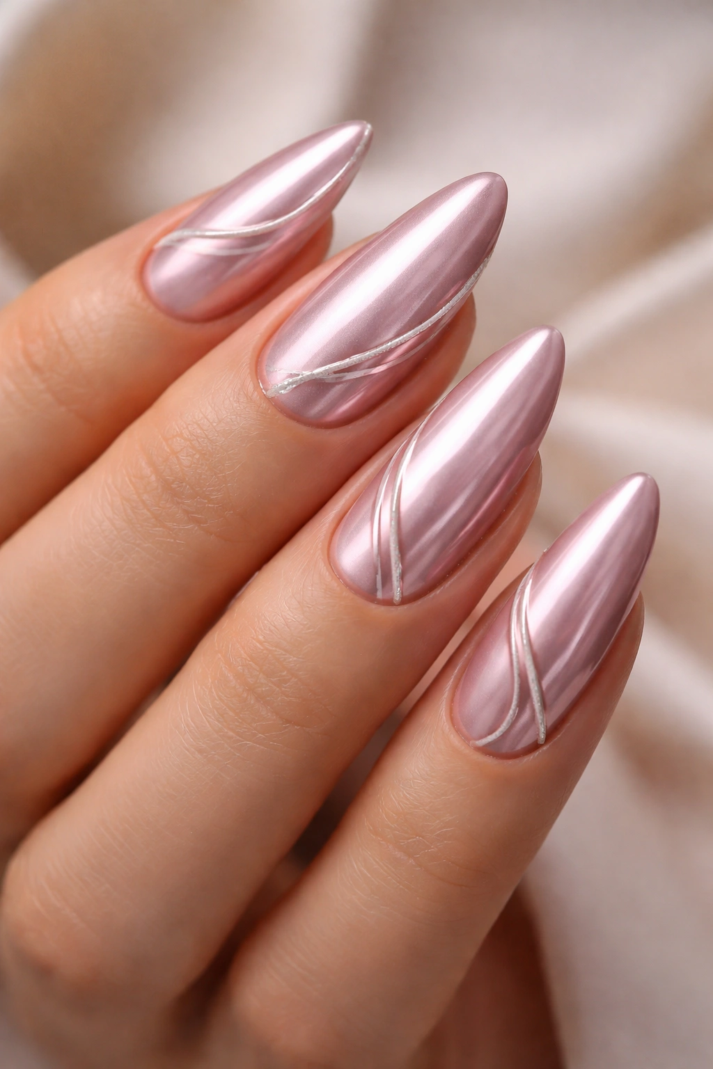 Almond nails with rosy chrome base and delicate 3D ribbon swirls