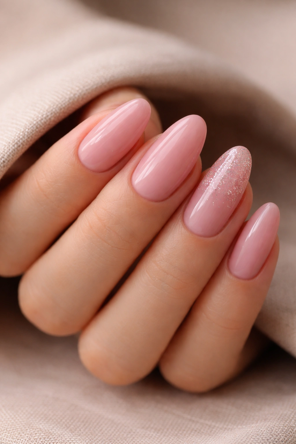 Almond nails with rosy pink base and glitter accents