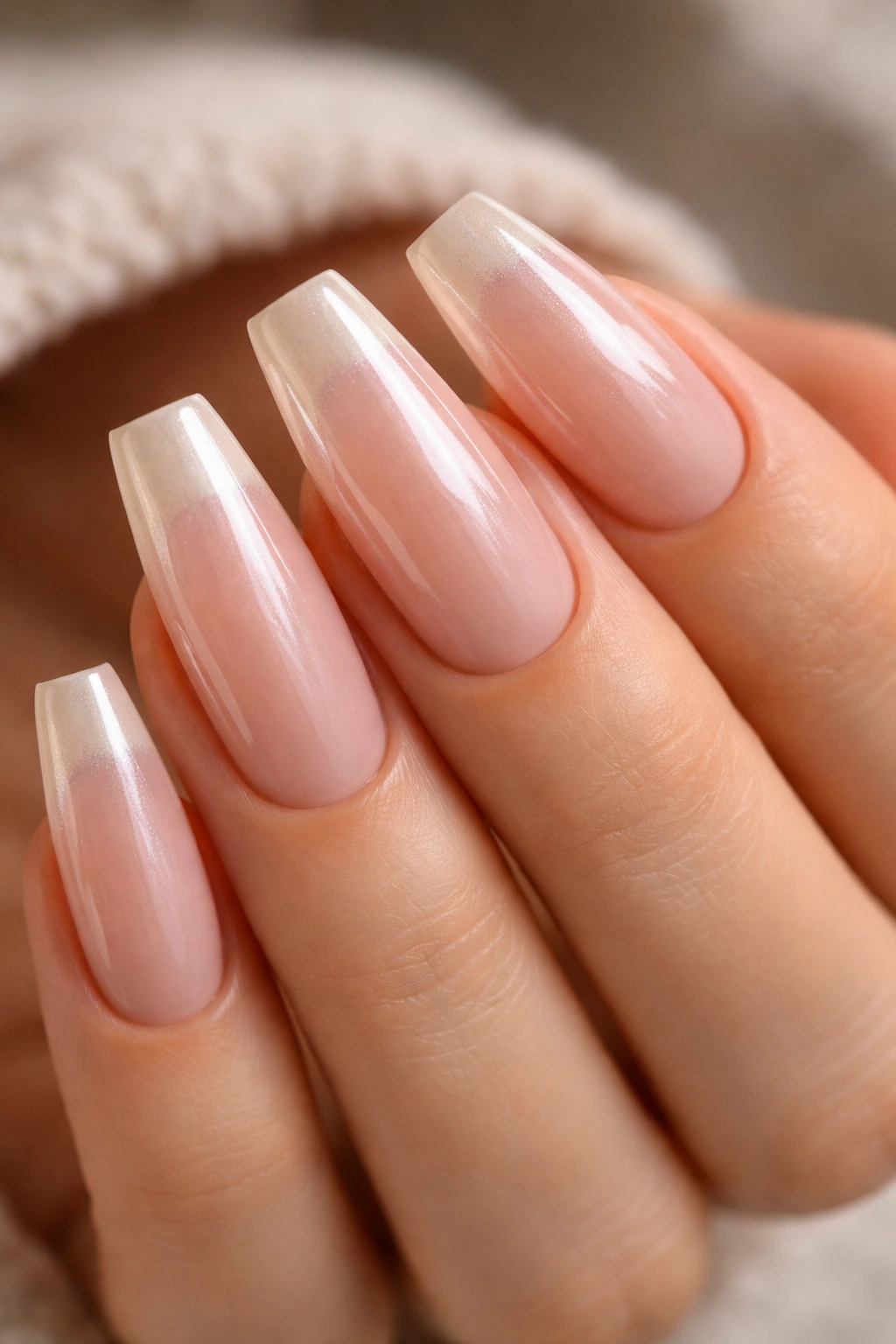 Rosy nude coffin nails with a thin French tip and chrome veil.