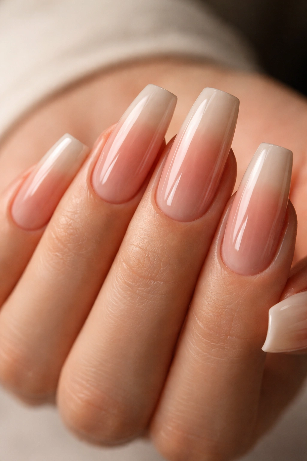 Close-up of rosy nude ombre coffin nails with a high-gloss top coat