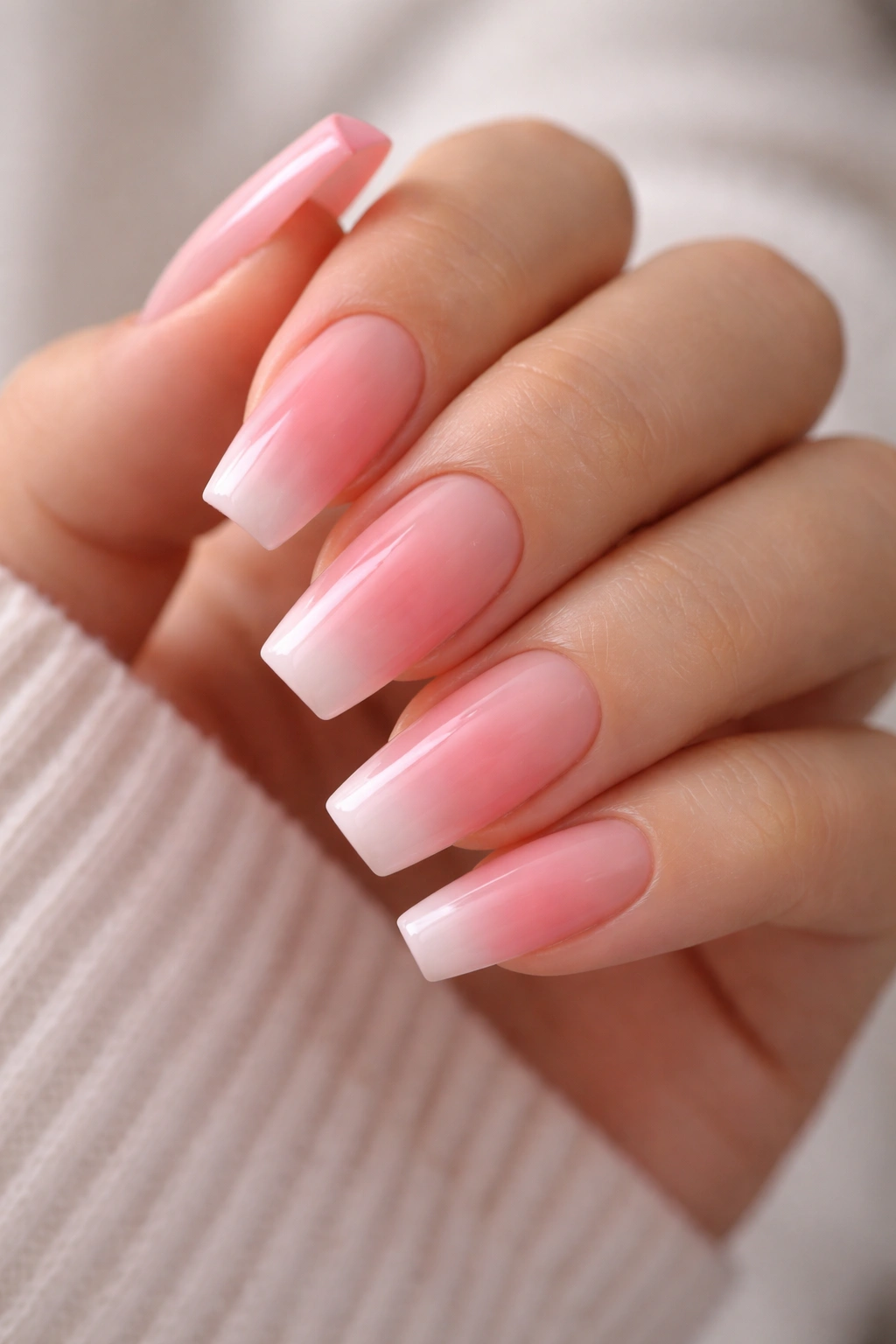 Close-up of Rosy Airbrush Ombre Tips on medium coffin nails with soft pink tip fade into milky base