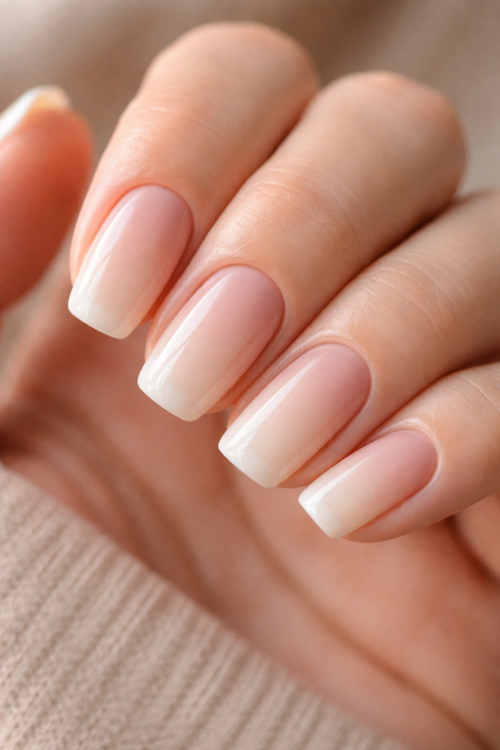 Close-up of shorter nude ombre coffin nails with rounded corners on a hand